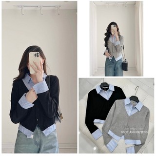 A064- áo sơ mi phối tay kẻ hàng qc cúc trước 2 màu