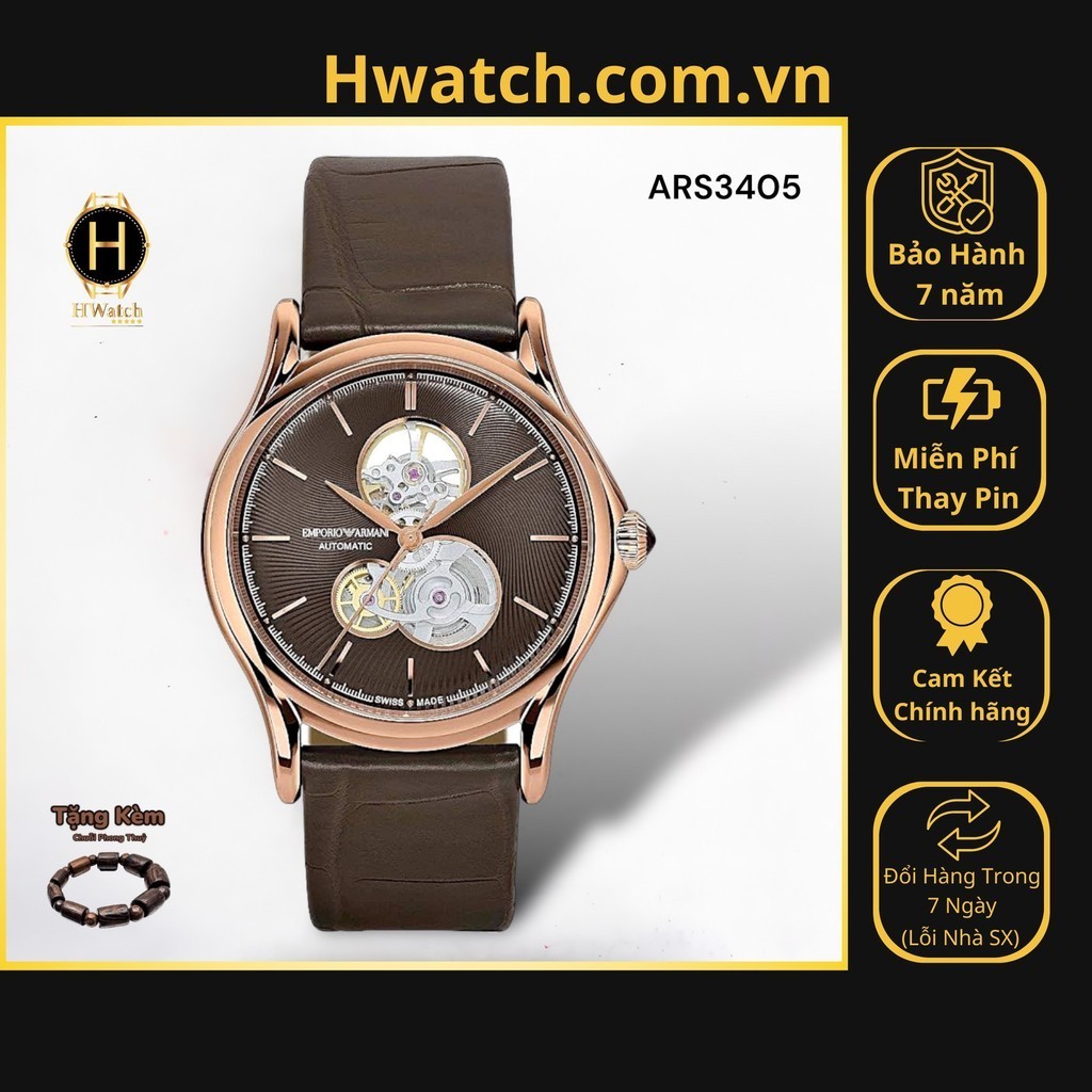 [Có sẵn] [Chính hãng]  Đồng Hồ Nam Emporio Armani Automatic ARS3405 Dây Da Mặt Nâu Rose Gold-Tone HwatchAuthentic