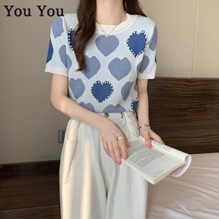You You You Mùa Hè Tay Ngắn Cổ Tròn Hồng Dệt Kim Áo Rộng Mới Họa Tiết Tình Yêu Ba Chiều