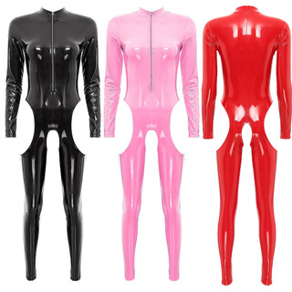 Inhzoy nữ cutout đáy cao cấp da áo liền quần dây kéo cổ đứng đáy quần catsuit ướt nhìn dài tay body
