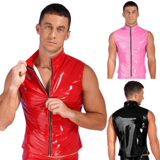 Inhzoy Nam Thời Trang Dây Kéo Áo Khoác Không Tay Ướt Nhìn Bằng Sáng Chế Da Đứng Cổ Áo Vest Áo Clubwear