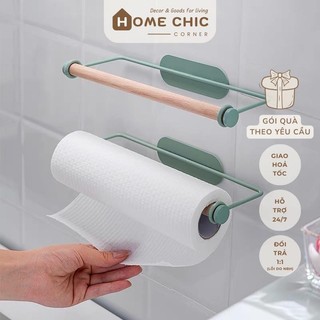 Thanh dán tường treo khăn, giấy cuộn, màng bọc thực phẩm kim loại phối gỗ | HOME CHIC CORNER