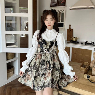 Váy nữ cổ điển dài tay, áo sơ mi kèm tranh sơn dầu mèo, set hai mảnh retro Y2K mùa thu