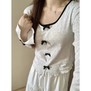 Kii Wii Mùa Xuân Phiên Bản Hàn Quốc Vuông Cổ Nơ Slim Fit Dài Tay Áo Thun Nữ 240320