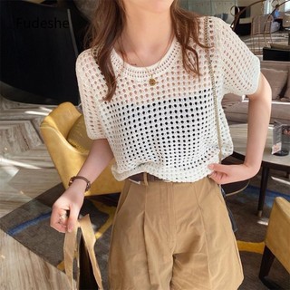 Fudeshe dệt kim, Áo mỏng rỗng dáng rộng, Thời trang tay ngắn đi biển kỳ nghỉ mùa hè Quần áo chống nắng nữ
