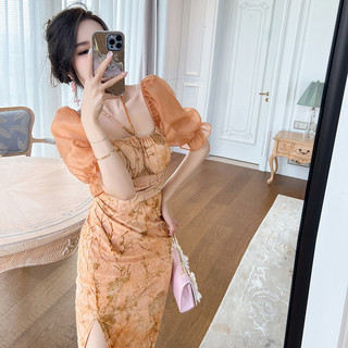 Mùa Hè 2024 Phong Cách Mới Nữ Thiết Kế Pháp Dây Cổ Phồng Tay Ôm Váy Dài 50126