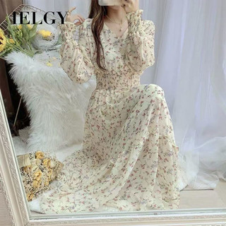 Váy hoa dài tay cổ chữ V giảm béo IELGY dành cho nữ
