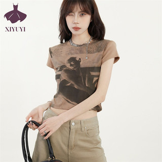 Xiyuyi Nữ Mỹ Retro Áo Thun Nữ Tay Ngắn Nữ Mới Slim Fit Hot Girl Ngắn Top
