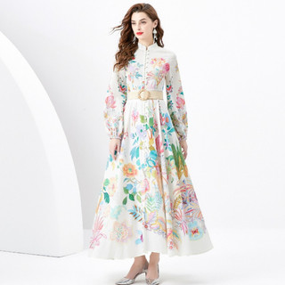 Phụ Nữ Bohemian Thanh Lịch Dài Đầm Xuân Thu Vintage Đơn Ngực In Hoa Dự Tiệc Váy Kỳ Nghỉ Vintage Áo Dài