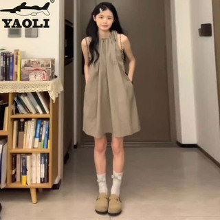 Yaoli Váy vest màu trơn mới dành cho nữ Thiết kế ren-up đơn giản dáng rộng không tay váy nhỏ nhắn