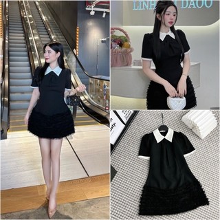 Đầm Xinh Ôm Eo Phối Cổ Trắng Váy nữ thiết kế cổ sơ mi thanh lịch , Đầm nữ ngắn tay phối đuôi bèo ren xinh xắn