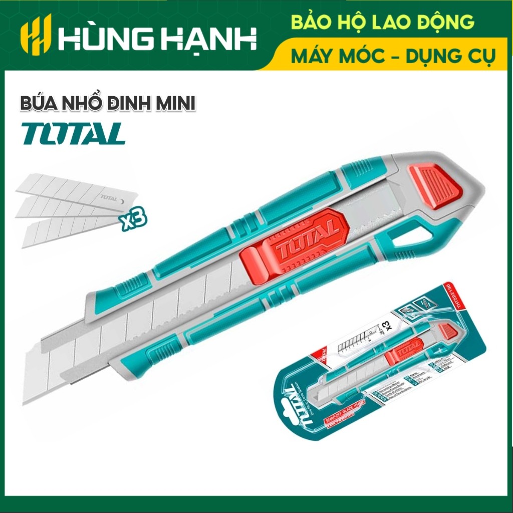 Dao rọc giấy Total THT522136 mẫu mới, dài 169mm, kích thước lưỡi 18x100mm, nút ấn phẳng, kèm 3 lưỡi 