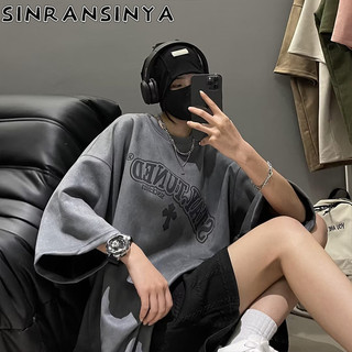 Sinransinya Áo Thun Tay Lỡ 5 / 4 Cỡ Lớn In Họa Tiết Chữ Thập Phong Cách retro Đường Phố Mỹ Cho Nam