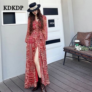 Kdkdp Thiết kế váy dài tay xuân thu kiểu Pháp cảm giác khí chất, gói một mảnh, xẻ eo khoe váy mỏng