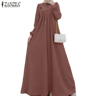 Đầm cổ tròn xếp ly thời trang nữ ZANZEA
