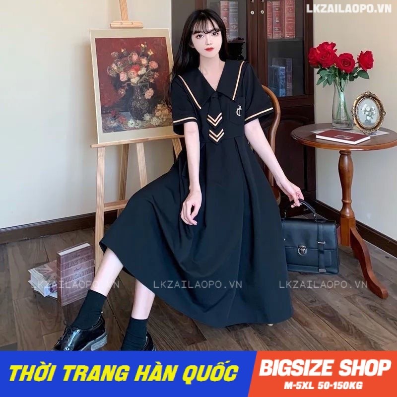 Váy đầm nữ Bigsize Đầm dự tiệc sang trọng dài qua gối dáng suông tay ngắn cổ bèo đen mùa hè Phong cách Hàn Quốc Thời Trang đẹp