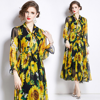 2024 Nữ Dài Tay Dây Voan In Hình Đầm Thời Trang Hoa In Hình 9329yellow