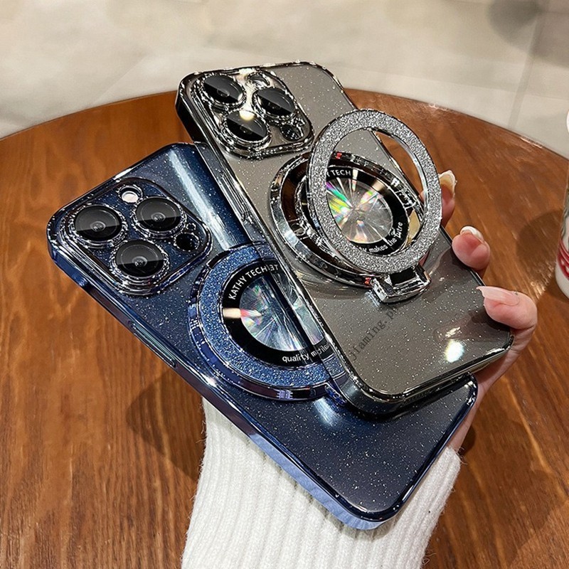 Ốp Điện Thoại Lấp Lánh Mạ Sang Trọng Tương Thích Cho iPhone 16 11 12 13 14 15 Pro Max SE 6 6S 7 8 Plus Ốp Lưng Có Giá Đỡ Vòng Từ Tính