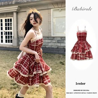 Màu Đỏ Kẻ Sọc Phong Cách Không Đều Nẹp Eo Nữ Pháp Ngọt Ngào Ôm Hơn Nhìn Sling Đầm Ngọt Cay Đầm Puff Váy Ống Top IPRH
