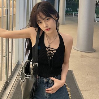 Gợi Cảm Cô Gái Ôm Vừa Vặn Dây Cổ Nhỏ Áo Vest Nữ Mùa Hè Châu Âu Phong Cách Mỹ Thiết Kế Cảm Giác Cổ Chữ V Ren-Up Dệt Kim S