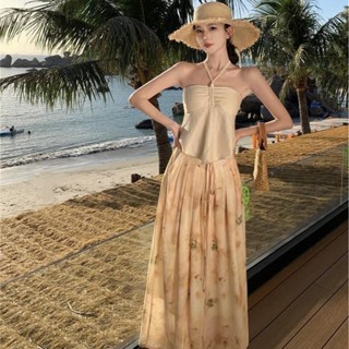  M844 - Set áo quây cổ yếm lưng chun kèm chân váy xếp ly họa tiết vintage 