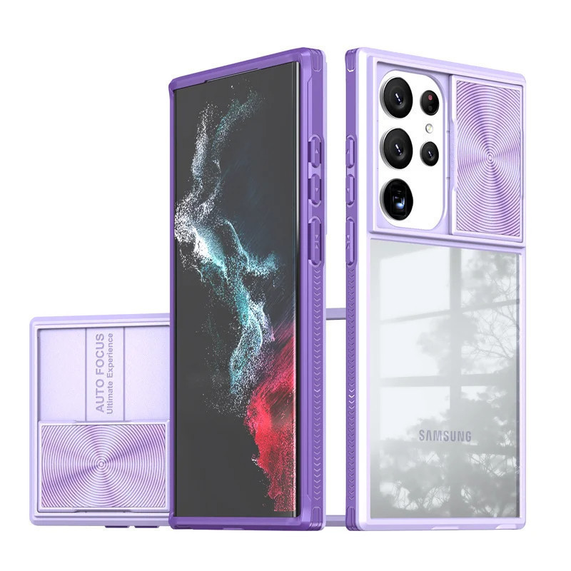 Sang Trọng Trượt Bảo Vệ Ống Kính Máy Ảnh Giáp Acrylic Trong Suốt Cao Ốp lưng Samsung S24 S23 S22 Ultra Plus S23 FE Ốp Lưng Cứng Chống Sốc