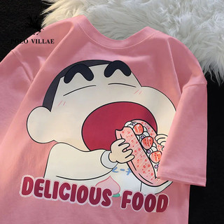 Áo thun ngắn tay cổ tròn hoạt hình dễ thương Crayon Shin-chan dành cho nữ Quần áo mùa hè dáng rộng đa năng dành cho cặp đôi