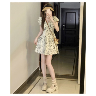 Váy ngắn chữ A dành cho nữ có viền Agaric Váy hoa tay phồng cổ chữ V cỡ lớn