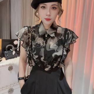 Phiên Bản Hàn Quốc Thời Trang In Hình Áo Sơ Mi Nữ Mùa Hè Cổ POLO Ruffle Áo Sơ Mi