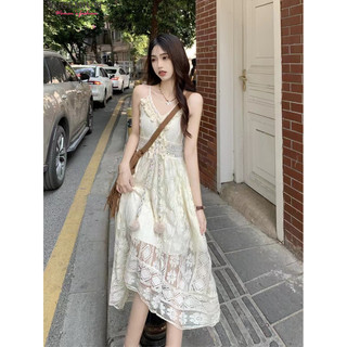 Sugemiusi Phong Cách Mới Lãng Mạn Kỳ Nghỉ Retro Rỗng Viền Ren Bohemian Váy Dài Lưới Sling Đầm