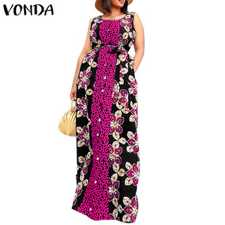 Vonda Nữ Vintage Cổ Tròn Không Tay Thắt Lưng Hoa Khảm Hình Học Họa Tiết Sàn Đầm