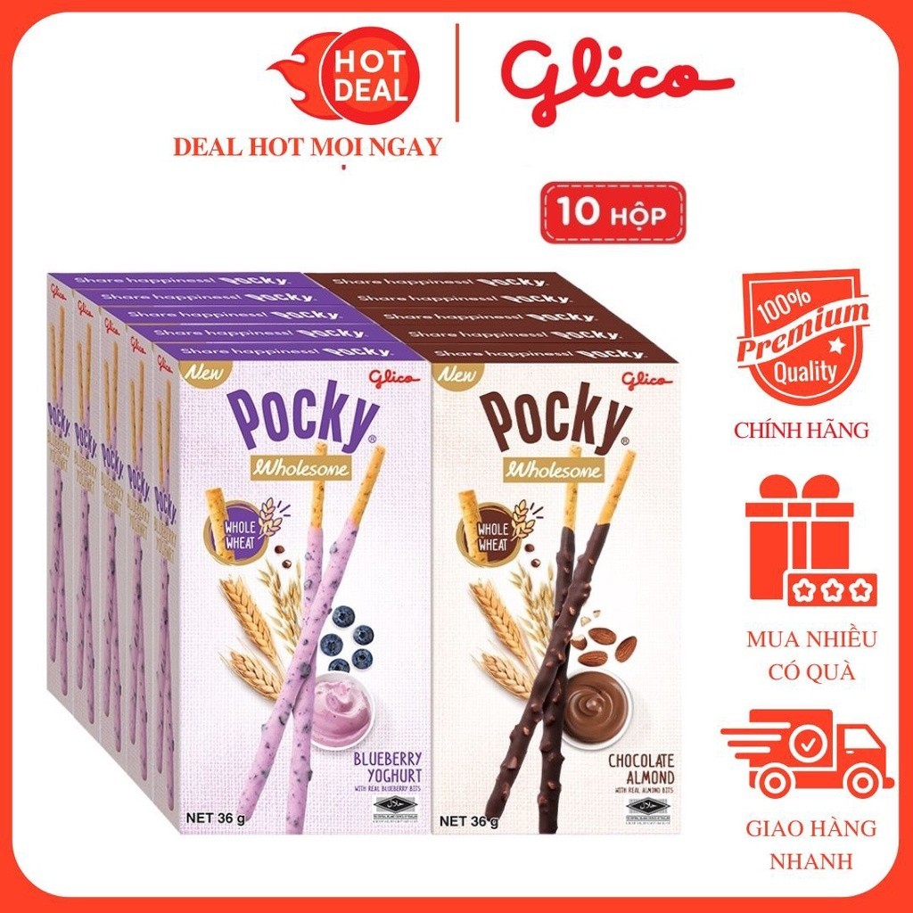 10 Hộp Bánh Que Glico Pocky Vị Socola Hạnh Nhân/Việt Quất Chính Hãng - Bánh Healthy Ngon Khỏe Đẹp MOONSHINE-FOODS