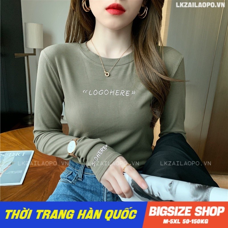 Áo thun nữ tay dài Bigsize Áo gân tăm kiểu dáng ôm cổ tròn Chữ Cái mùa thu Phong Cách hàn quốc đẹp Thanh Lịch cho nữ