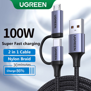 Cáp ugreen 2 trong 1 micro usb + type c 100w 6a dây sạc nhanh