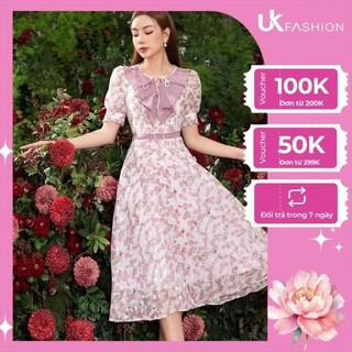 Đầm Hoa UK FASHION Thiết Kế Đai Bọc Cổ Phối Bèo Điệu Đà Thanh Lịch Chất Vải Nhập Hàn Cao Cấp NKDV2302006