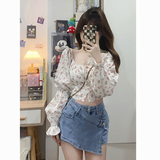 Ngọt ngào ba chiều hoa hồng một vai cổ vuông áo sơ mi nữ xuân hè nhỏ tính khí đầu tiên tình yêu áo sơ mi nhỏ