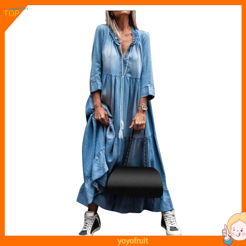 Yof Vintage Nữ Ren Cổ Chữ V 3 / 4 Tay Lớn Viền Tua Rua Rời Đầm Maxi Denim