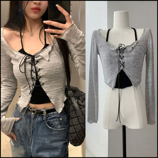 Áo Vest dây đen nữ C & M + Áo dệt kim ren mỏng Áo sơ mi hai mảnh