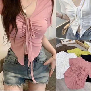 A115 Áo Croptop  Rút Dây,Áo Thun Rút daay Tay Ngắn Vải Dệt Kim Thun Gân Lên Phom Dễ Thương Nữ Women Jean Voi