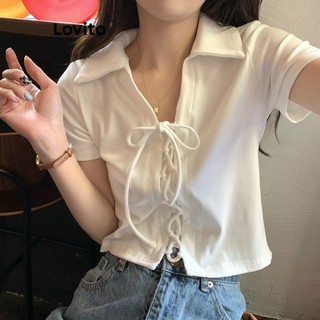 Lovito Áo thun có dây buộc trơn thông thường cho nữ LNE24287 (Trắng)