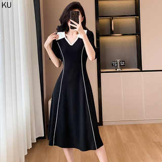 S-3xl Size Mùa Hè Đen Áo Thun Tay Ngắn Váy Dài Màu Tương Phản Cổ Chữ V Váy Ngắn Tay Mùa Hè 2024 Phong Cách Mới Rộng Hẹp Ôm Hơn Nhìn Giữa Tay