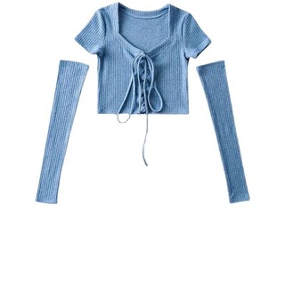 Áo thun nữ cổ vuông miệng Ngực phía trước buộc dây dệt kim Thiết kế tay áo mỏng giảm béo ngắn tay hàng đầu