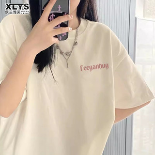 Xin LAN YA SHE Áo thun nữ cổ tròn in hình ngắn tay đơn giản đa năng giản dị áo thun dáng rộng