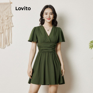 Đầm Lovito xếp ly cánh bướm màu trơn thường ngày cho nữ LBL08374
