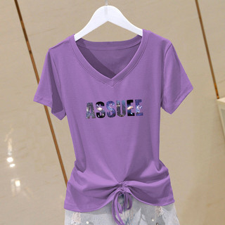 100% Cotton Cổ Chữ v Dây Rút Áo Thun Nữ Tay Ngắn Mùa Hè 2023 Phong Cách Mới Phiên Bản Hàn Quốc Thường Ngày Thời Trang Vai Trước Phù Hợp Với Hàng Đầu LPZU