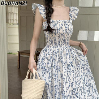 Duohanzi Váy nữ màu xanh hoa nhỏ tay bay treo váy mùa hè thời trang mới nhỏ tươi eo giảm béo ins