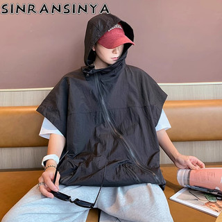 Sinransinya Áo vest có mũ trùm đầu nam mới, thời trang cao cấp đường phố cổ điển Mỹ, thiết kế dây kéo nghiêng, bộ đồ chống nắng, áo vest hip-hop, áo khoác thời trang cặp đôi ngoại cỡ