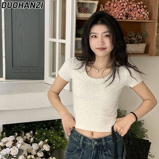 Áo thun nữ DUOHANZI phong cách Hàn Quốc tay ngắn vai phải mùa hè mỏng đơn giản áo ngắn
