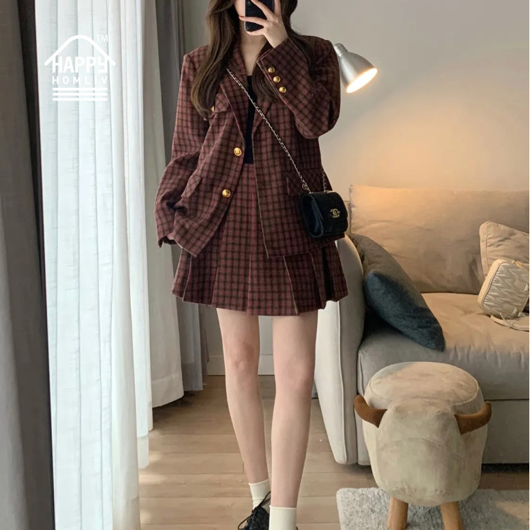 HAPPY HOMLIV Bộ Áo Khoác Vest + Chân Váy Xếp Ly Lưng Cao Phong Cách Preppy Cổ Điển Thời Trang Cho Nữ