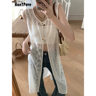 Honypove Size Lớn Ren Áo Vest Đầm Nữ Mùa Hè Rỗng Bên Ngoài Áo Béo